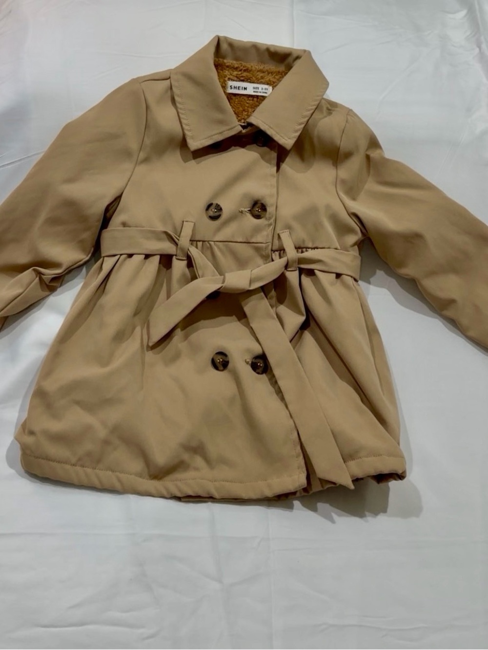 SHEIN Kids Tan Double-Breasted Pea Coat with Waist Belt